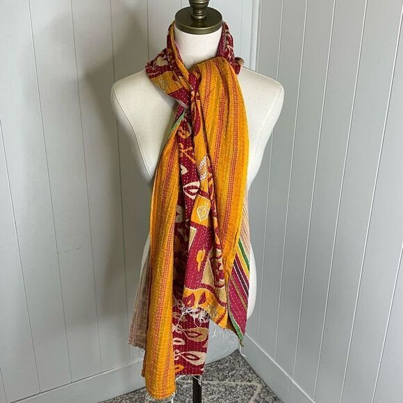 Handmade Reversible Scarf Made From Recycled Saris Red Orange Tan Mixed Media - Picture 3 of 6
